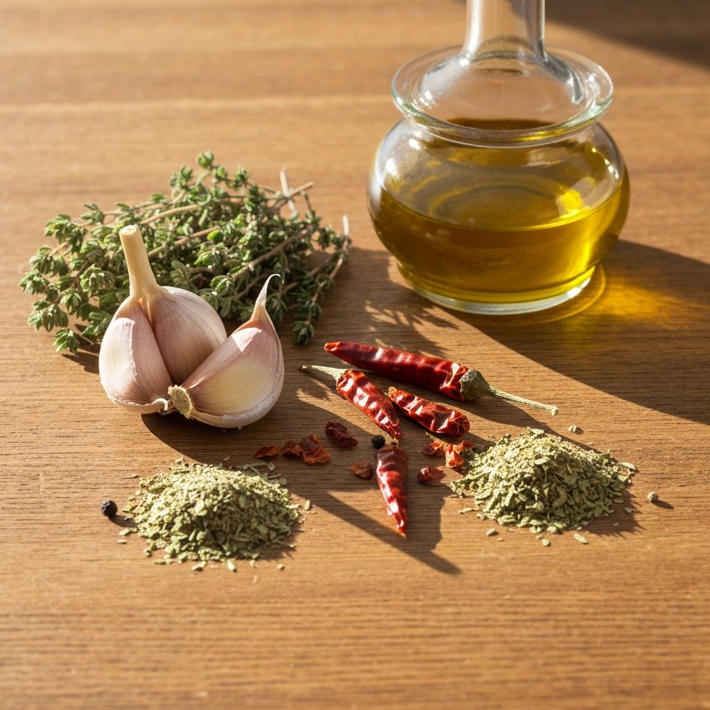 Natural Mediterranean spices and herbs on wooden table showing the variety of traditional ingredients