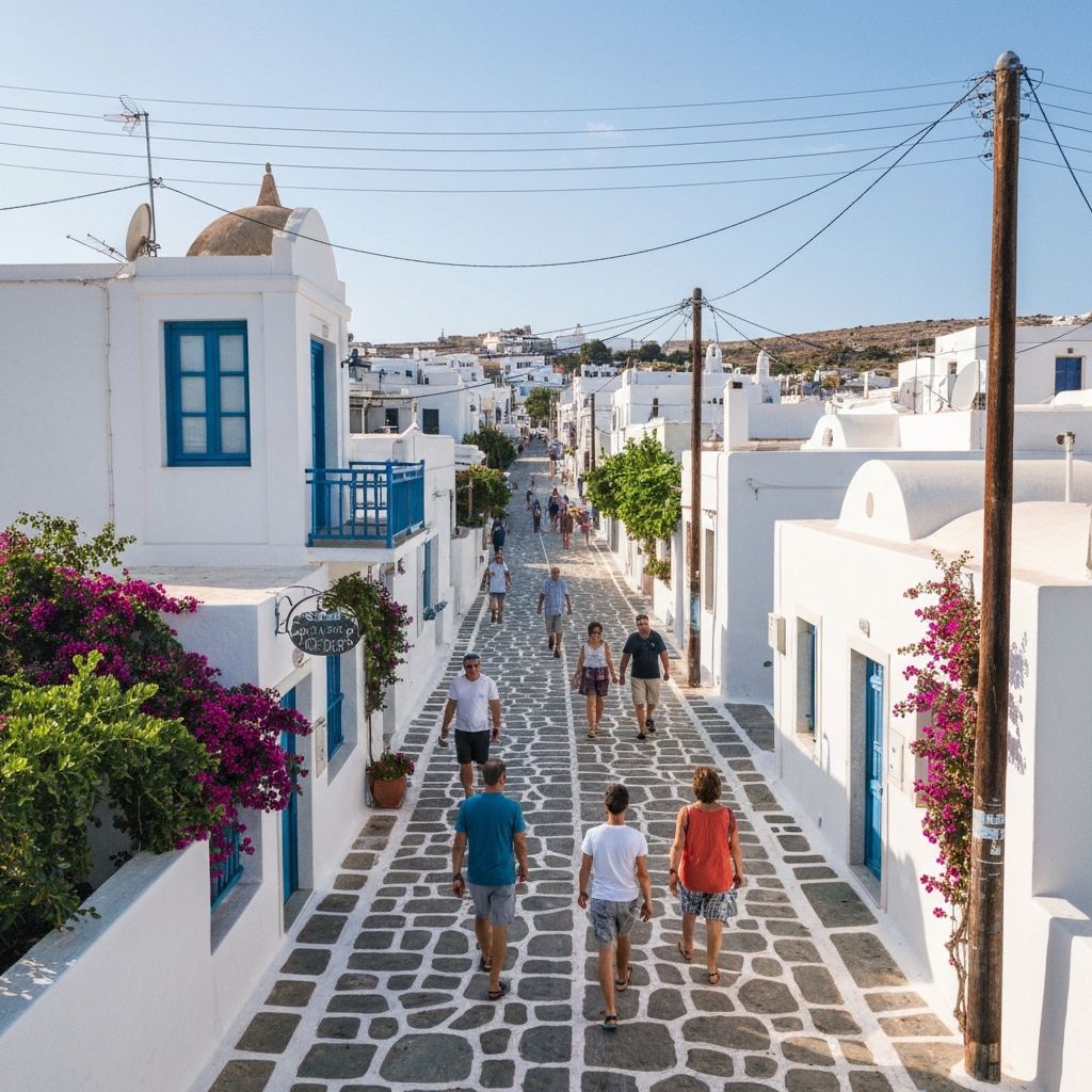 People walking through charming Greek village streets with white buildings and cobblestone paths