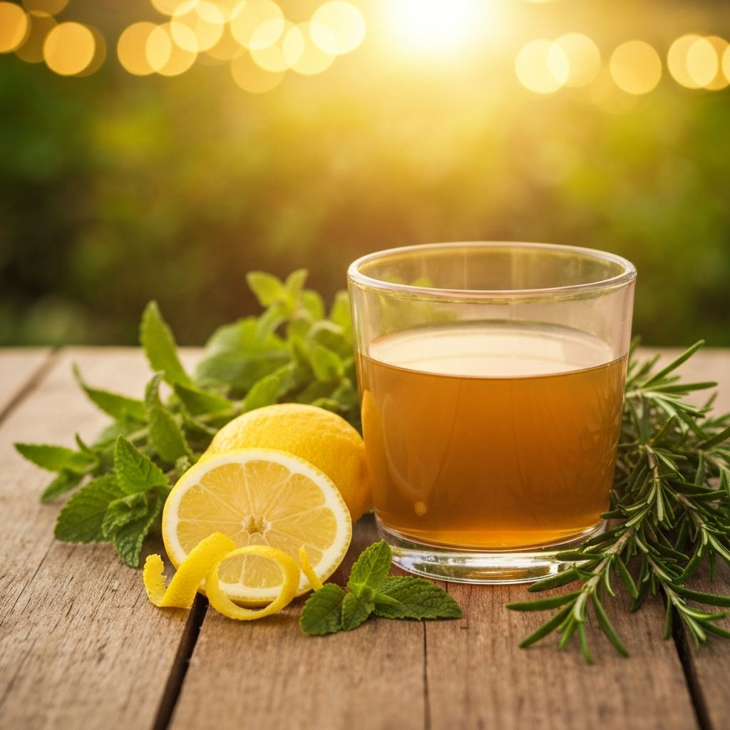 Natural herbal tea in glass cup on wooden table with fresh herbs and ingredients