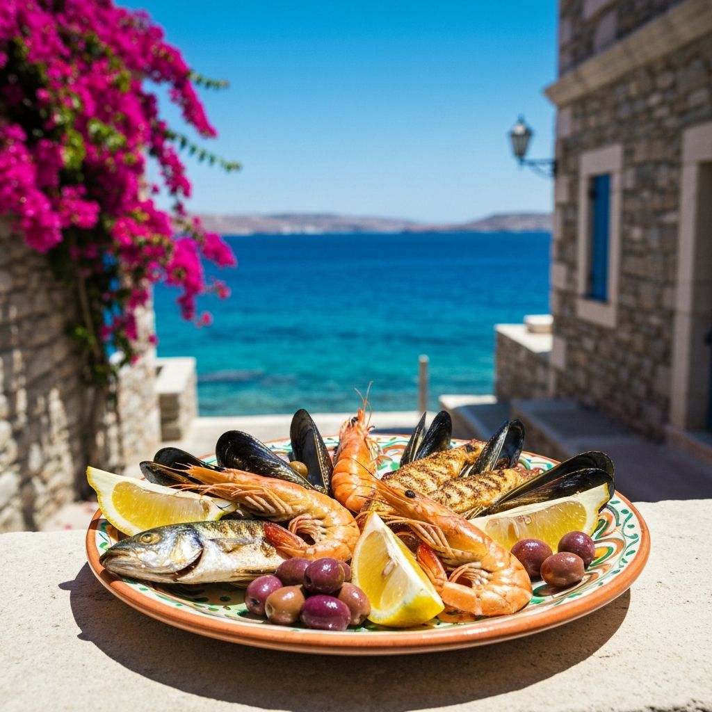 Fresh Mediterranean seafood platter with fish, shrimp, lemon, and olives on ceramic plate